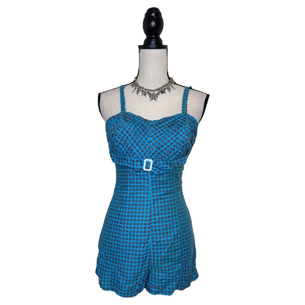 Vintage Sears Kerrybrooke Blue Belted Geometric One Piece Swim Playsuit Size 36